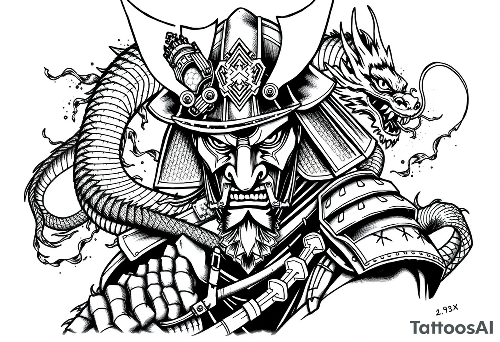 Japanese samurai warrior with armor and katana sword, fierce expression, traditional helmet, Japanese dragon wrapped around, black and grey ink tattoo style, ornamental linework, sketch-style shading, designed for forearm tattoo with full sleeve expansion tattoo idea