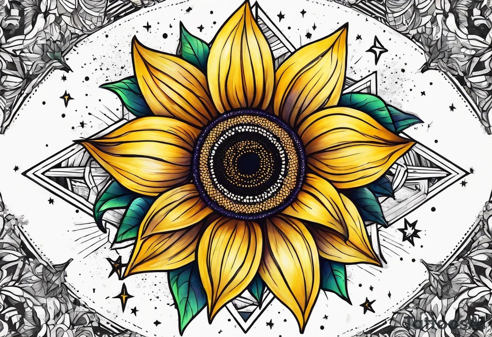 small sunflower surrounded by cosmic stars and arrow tree tattoo idea