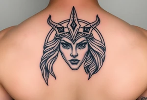 Female Viking Shield maiden face, black work, intricate lines, realistic, complex tattoo idea