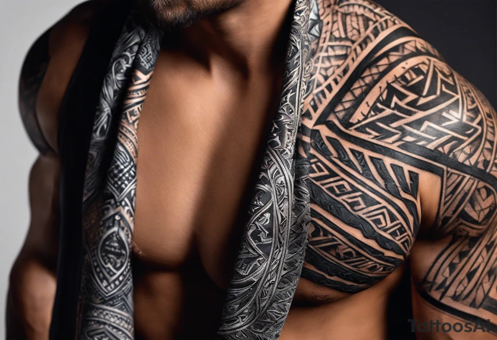 créer un tatouage pour homme dont le design part de l'omoplate et remonte vers l'épaule et passe sur le torse. Dans un style tribal et fantasy, il va prendre comme fond une montagne enneigée. Il y a ensuite un arbre de vie avec à sa base un taureau de terre et un tigre de feu, dans les branches de l'arbre, il y a un lapin d'eau et un serpent de bois qui courent tattoo idea