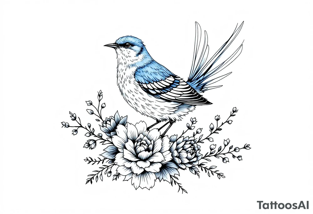 Blue bird with thick floral at the bottom tattoo idea