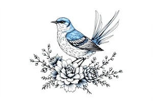 Blue bird with thick floral at the bottom tattoo idea