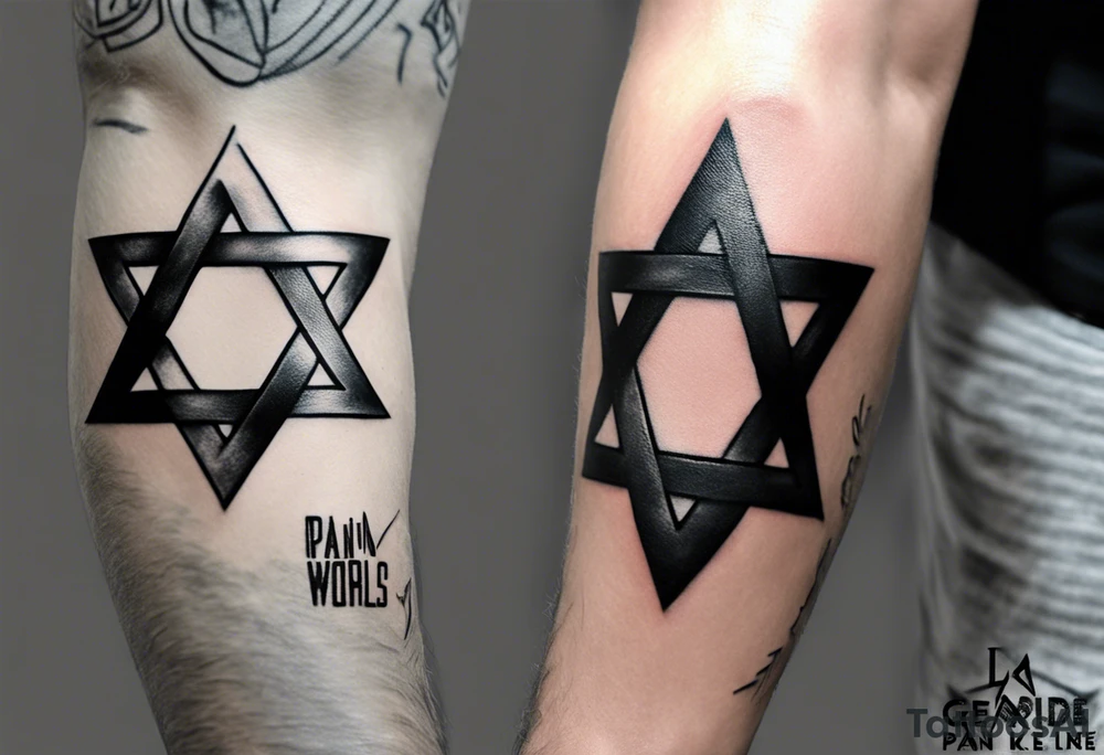 Generate a small 3”x3” tattoo with a rough metal tarnished Star of David using black & grey ultra realism tattoo style that looks as if it was woven into the muscles of the of the left peck. With the words “Pain is Power. Use it to help heal the world” inscribed on the Start of David like it was chiseled into the steel leaving it looking clean cut and gleaming tattoo idea