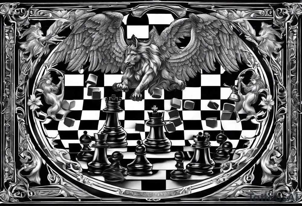 a chessboard with angelic and demonic chess pieces engaged in a strategic game, symbolizing the eternal battle between opposing forces. tattoo idea