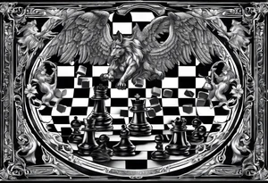 a chessboard with angelic and demonic chess pieces engaged in a strategic game, symbolizing the eternal battle between opposing forces. tattoo idea