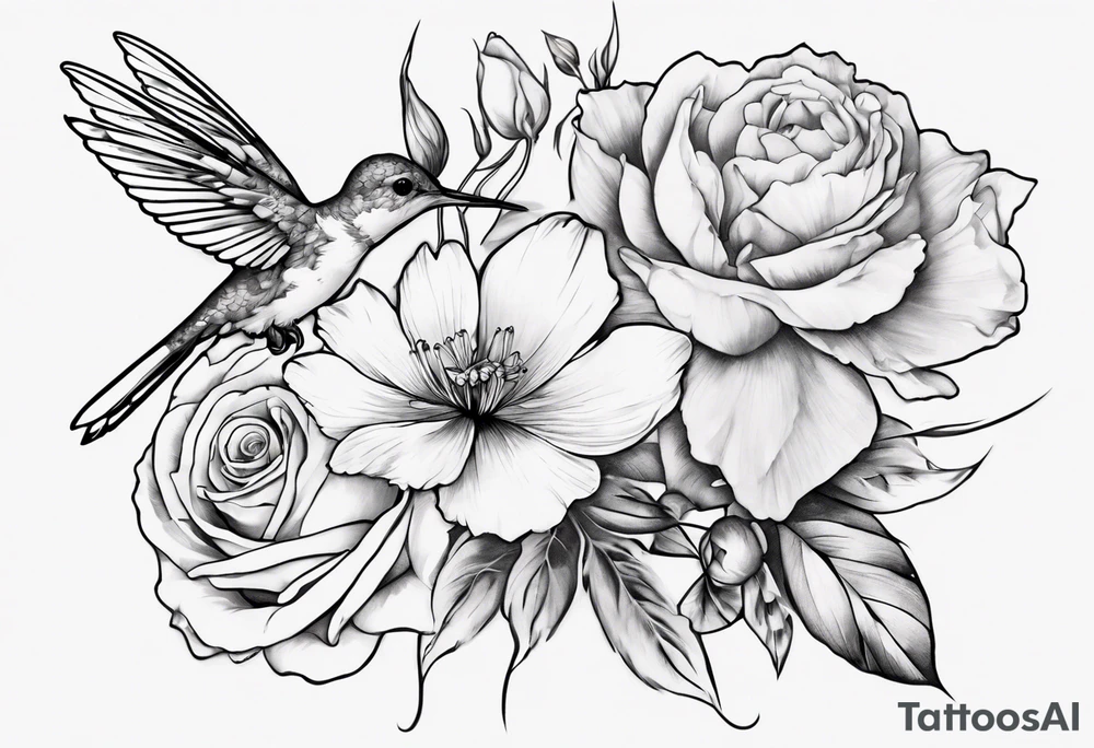 a sleeve tattoo of four flowers , Paperwhites flower, Peony flower, Cosmos Flower, Rose Flower, a hummingbird sucking on the rose flower and two butterflies flying. tattoo idea