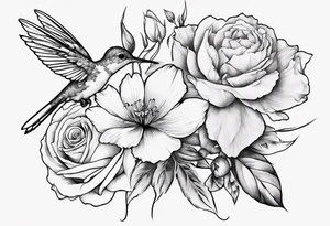 a sleeve tattoo of four flowers , Paperwhites flower, Peony flower, Cosmos Flower, Rose Flower, a hummingbird sucking on the rose flower and two butterflies flying. tattoo idea