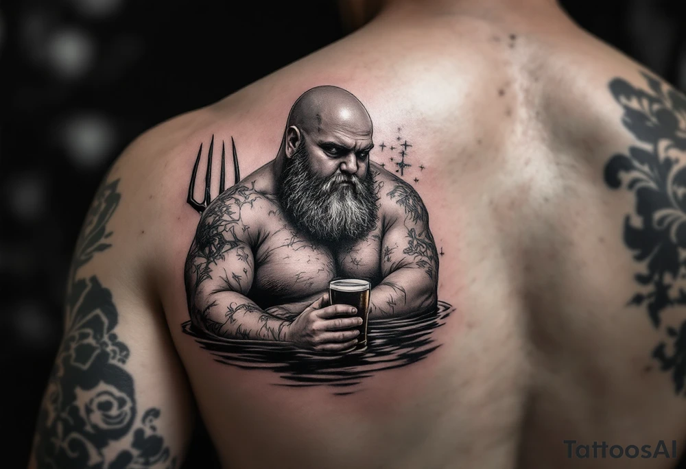 Gay fat guy, with trident, half way in calm water, with a beer tattoo idea