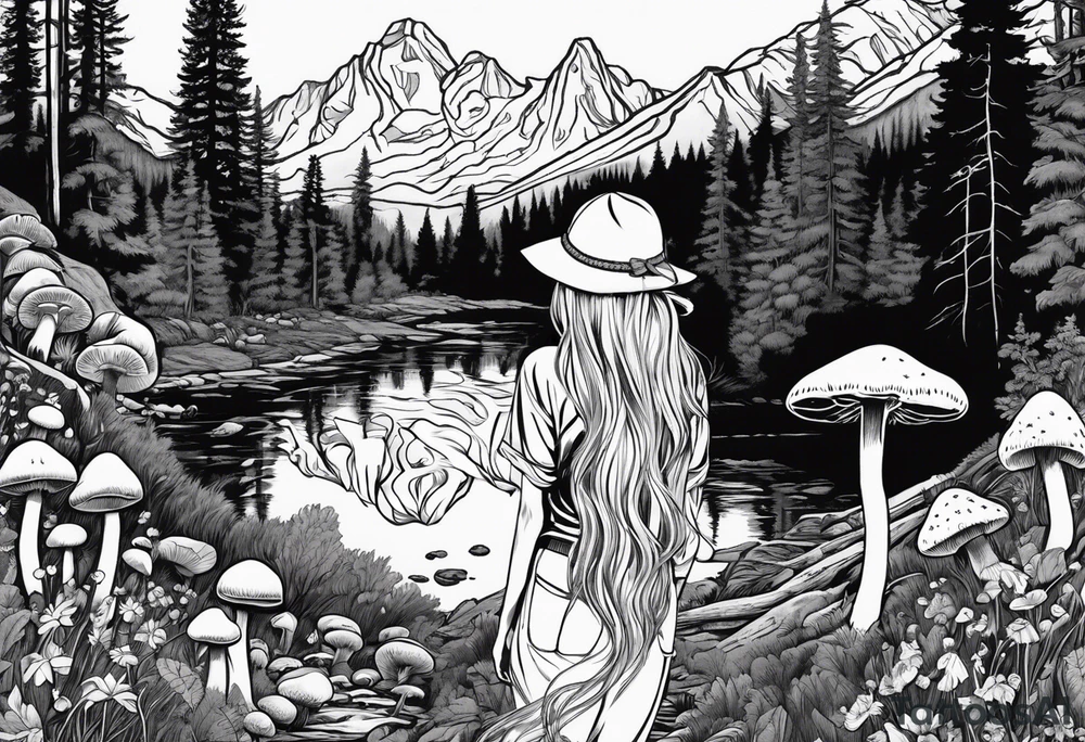 Straight long blonde hair hippie girl in distance holding mushrooms in hand facing away toward mountains and creek surrounded by mushrooms tee shirt and hiking pants; whole rendering within a full circle, no cut off circle tattoo idea