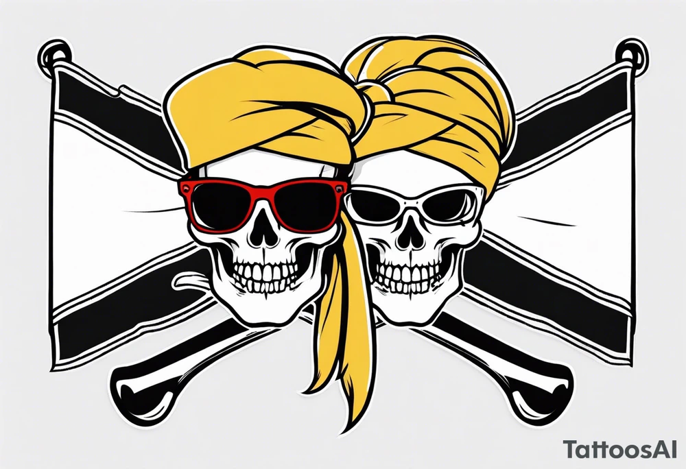 pirate flag with a female skull wearing glasses with two blonde buns and crossbones underneath, no hat tattoo idea