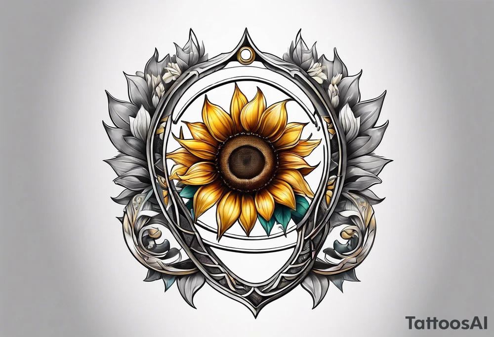 A steel horseshoe with a sunflower in the center tattoo idea
