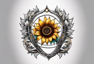 A steel horseshoe with a sunflower in the center tattoo idea