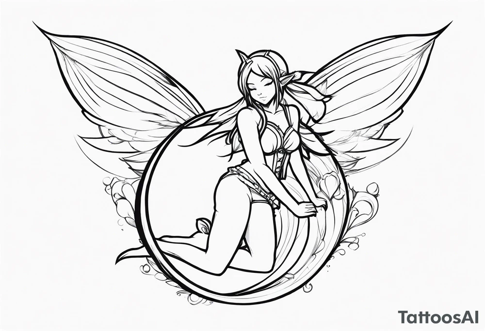 No color sketch of a fairy with a tail inspired by the guild symbol in the anime show called Fairy Tail in a fetal position leaning forward while crawled in and her body is an angle while floating in the air with big wings tattoo idea