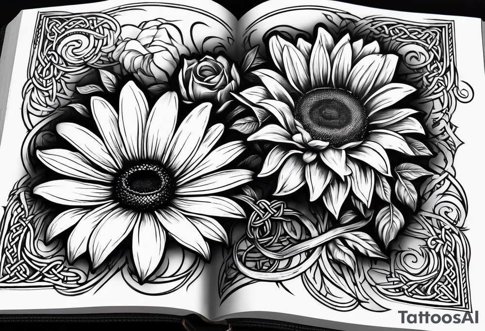 open book with daisy bouquet and a sunflower and a celtic dara knot tattoo idea