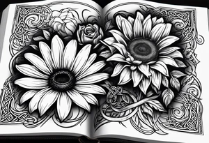 open book with daisy bouquet and a sunflower and a celtic dara knot tattoo idea