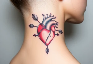 anatomical heart pierced by ornate arrow with flowing ribbons tattoo idea