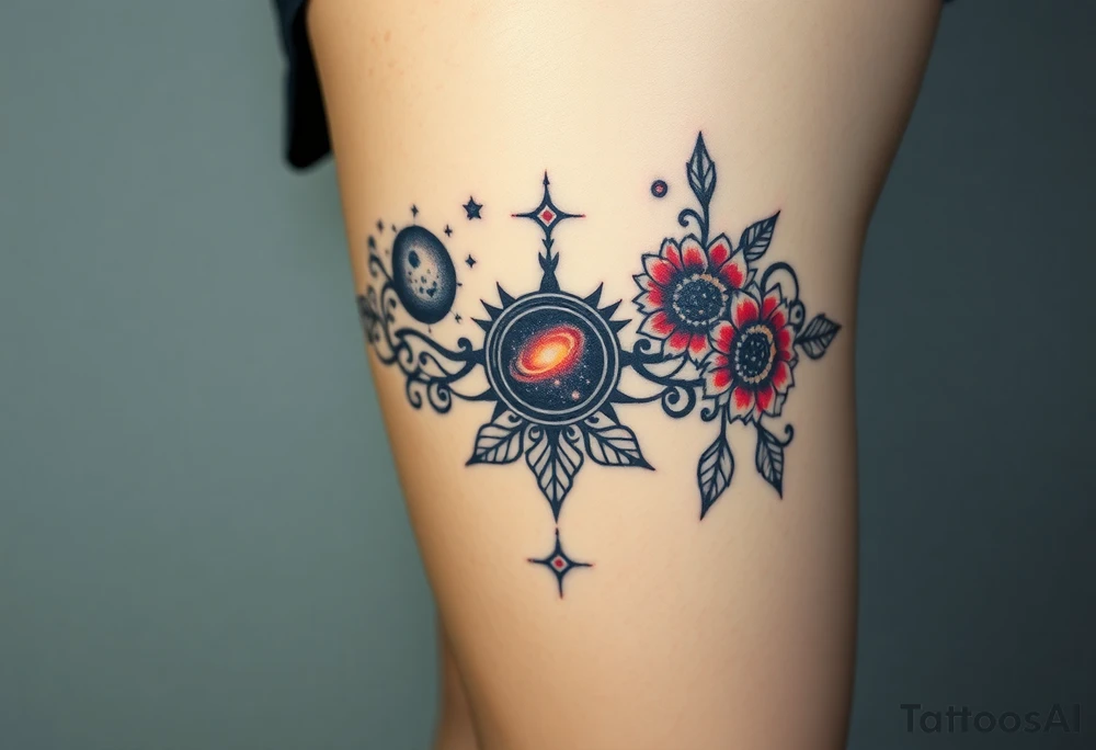Milky way galaxy with planets with zodiac symbols and protection runes in it with red roses and sunflowers tattoo idea