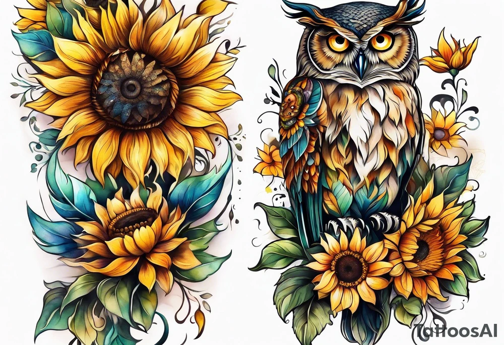 Leg sleeve with colorful sunflowers and an owl tattoo idea