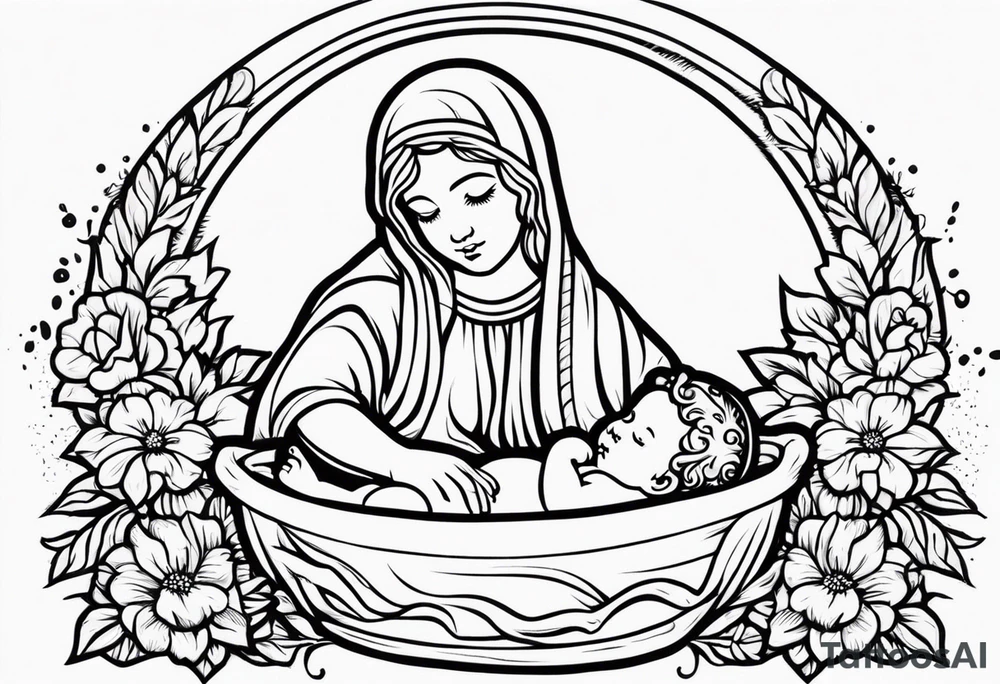 baby jesus in manger

old school vintage simple traditional design with vintage flowers surrounding it bold color simple tattoo idea