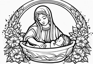 baby jesus in manger

old school vintage simple traditional design with vintage flowers surrounding it bold color simple tattoo idea