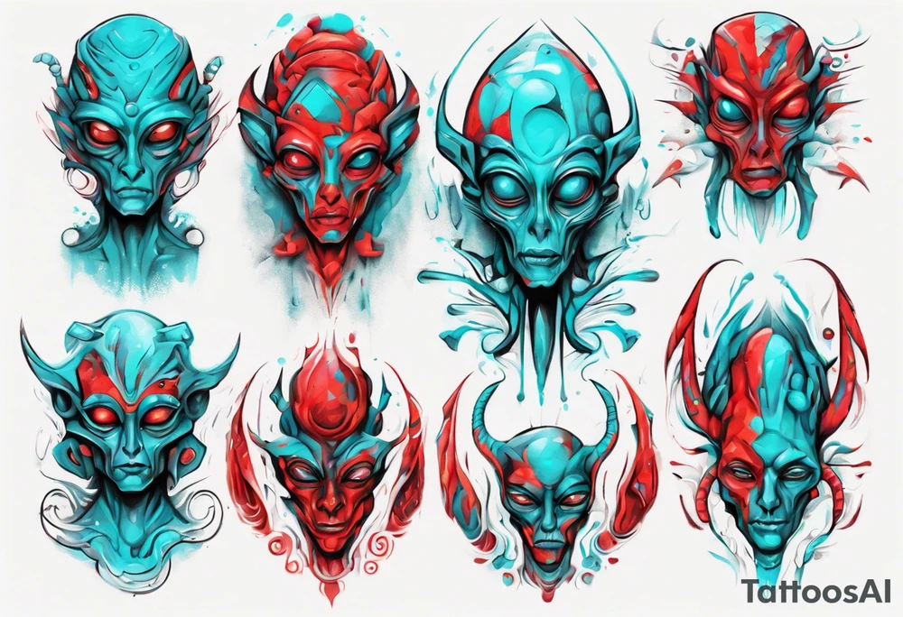 an art in the style of abstract alien, textured pigment planes, red and cyan, stencil art tattoo idea