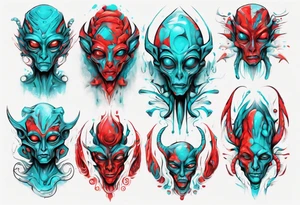an art in the style of abstract alien, textured pigment planes, red and cyan, stencil art tattoo idea