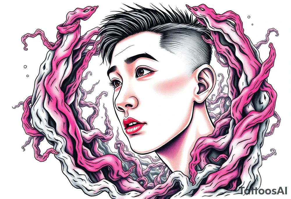 Handsome Asian young guy lost in a cursed labyrinth tattoo idea