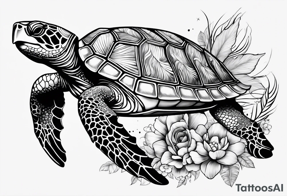 wave, turtle, flower, palm tattoo idea