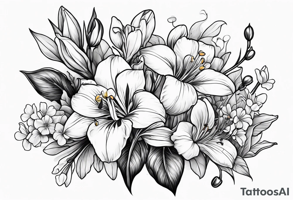 i want a bouquet of flowers that include a snowdrop, iris, cherry blossom, daisy and morning glory tattoo idea
