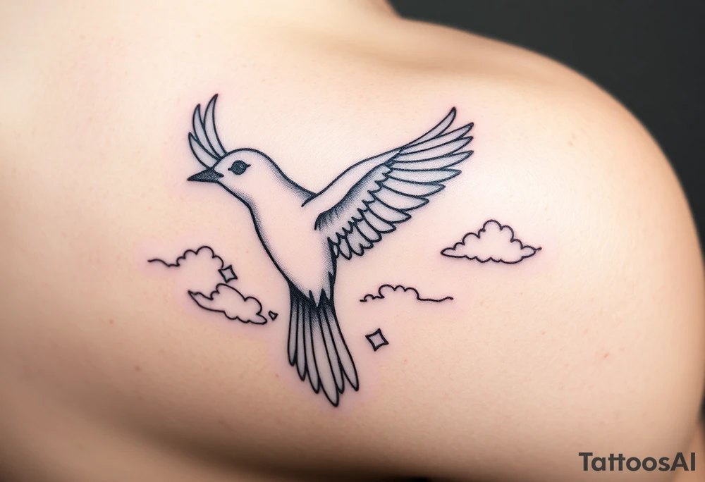 Dove and a blue jay, clouds, shining light to or from heaven tattoo idea