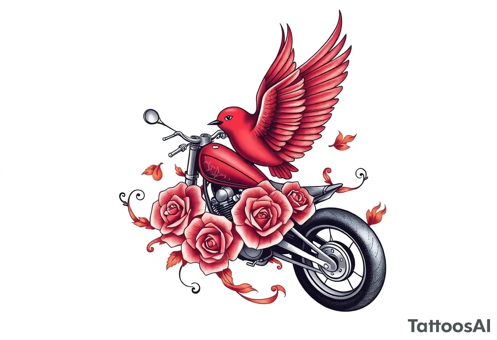 Motorcycle, red bird flying, roses and lace, flames tattoo idea