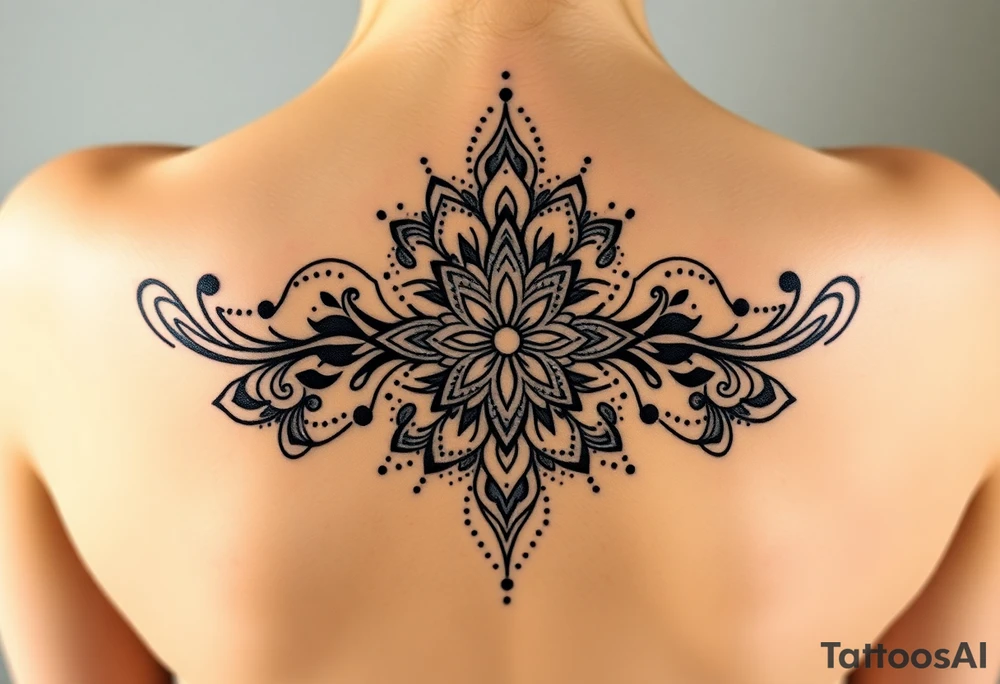 spine tattoo design with symmetrical ornamental patterns, combining dotwork, mandala elements, and flowing lines that follow the natural curves of the body with tribal-inspired lower back tattoo with sweeping symmetrical curves, bold linework, and soft floral accents, creating a feminine yet powerful aesthetic. The design is intricate and balanced. tattoo idea