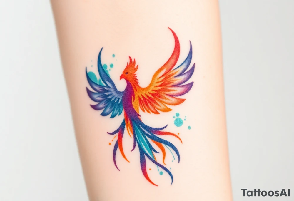 Phoenix in flames with purple, blue, orange, teal and green splashes, looking upwards. No outline. tattoo idea