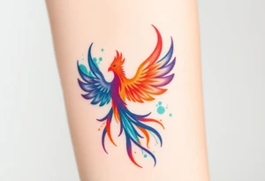 Phoenix in flames with purple, blue, orange, teal and green splashes, looking upwards. No outline. tattoo idea