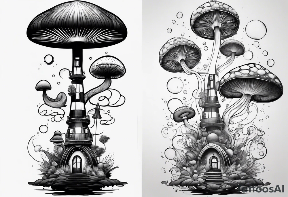 Psychedelic mushroom rocketship bursting out of bubble into spiritual realm tattoo idea
