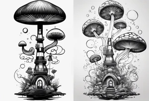 Psychedelic mushroom rocketship bursting out of bubble into spiritual realm tattoo idea