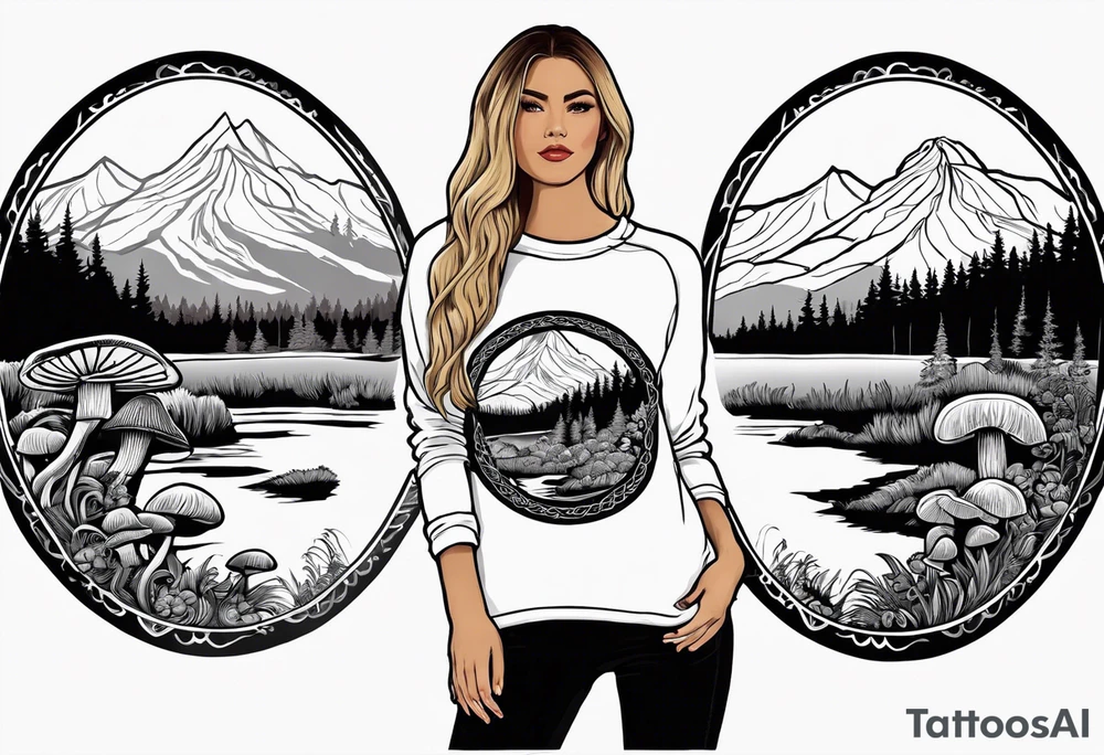 Whole picture encircled fully

Straight long blonde hair hippie girl in distance holding mushrooms in hand facing away toward mountains and creek surrounded by mushrooms long sleeve shirt and hiking pants; whole rendering within a full celtic circle border, no cut off circle tattoo idea