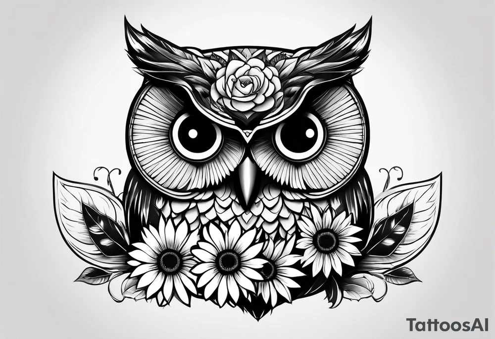 Small owl with butterfly and sunflower leg sleeve tattoo idea