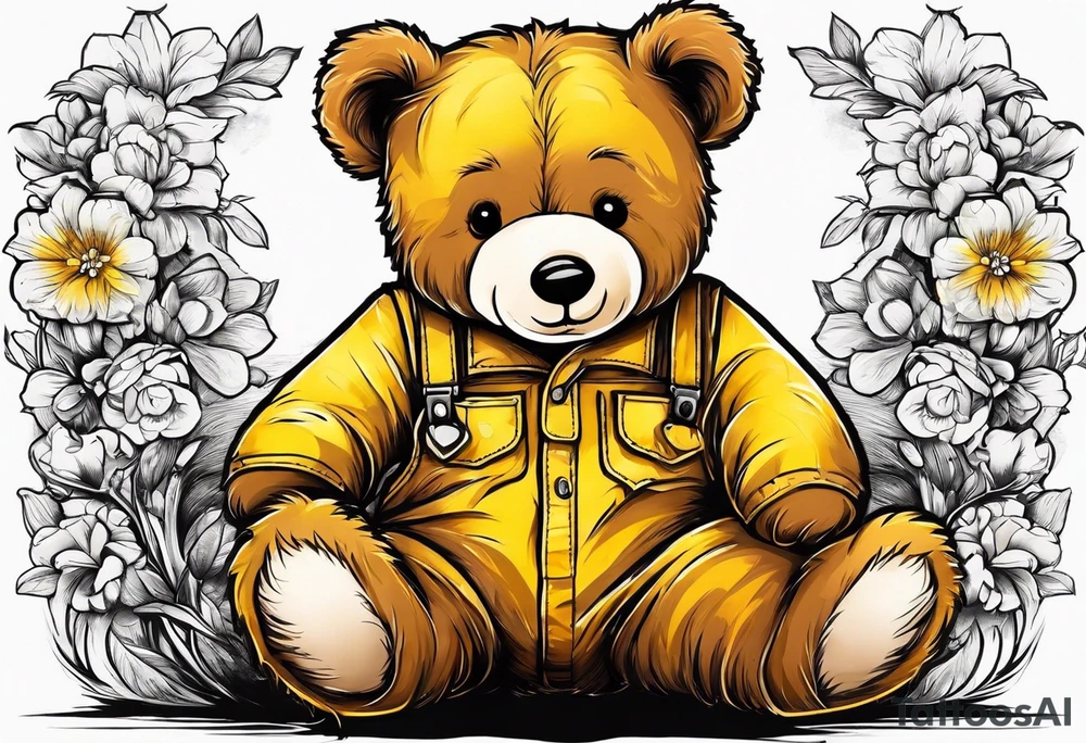 the back of a standing, skinny, brown ,
teddy bear in long, yellow overalls tattoo idea