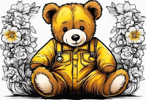 the back of a standing, skinny, brown ,
teddy bear in long, yellow overalls tattoo idea
