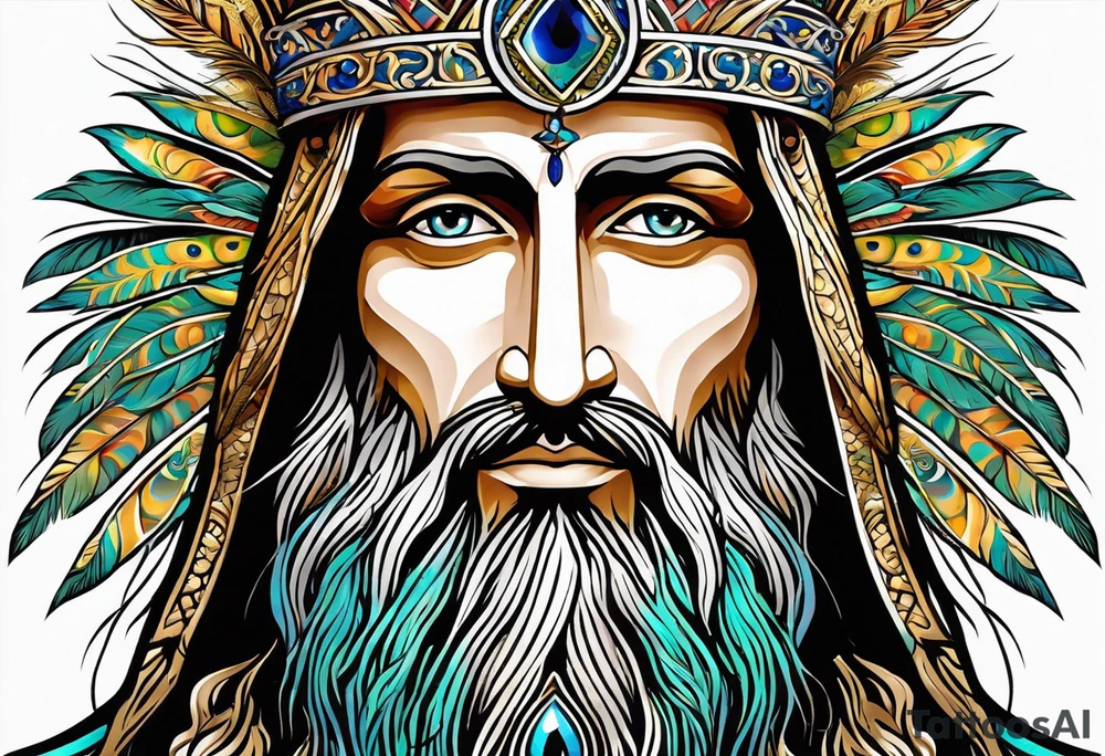 flat stern byzantine Christ with all-demanding eyes with a halo made of peacock feathers tattoo idea