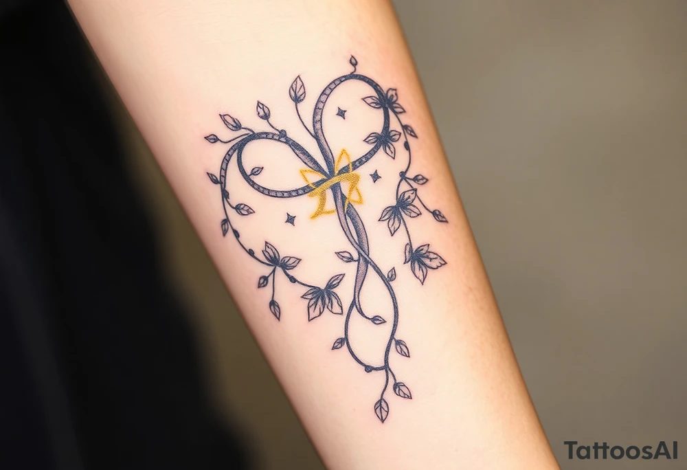 An enchanted bow made of intertwining vines and flowers, with golden Sagittarius glyphs glowing among the leaves tattoo idea