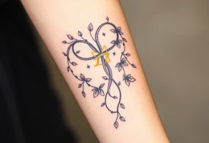 An enchanted bow made of intertwining vines and flowers, with golden Sagittarius glyphs glowing among the leaves tattoo idea
