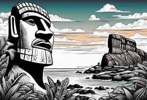 Easter island heads on an island landscape and hawks circling above tattoo idea