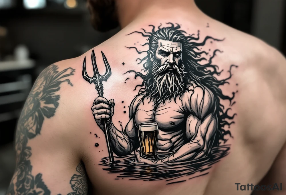 fit poseidon, with a trident, in calm water, holding a beer tattoo idea