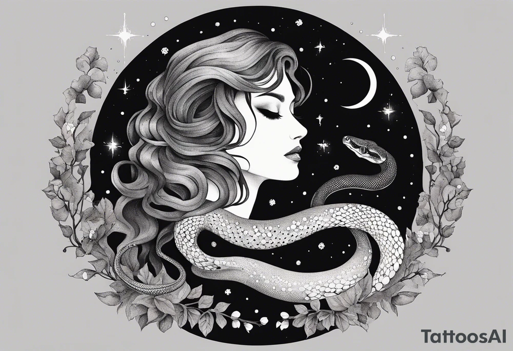 Snakes slithering around the moon phases with hades and Persephone constellations tattoo idea