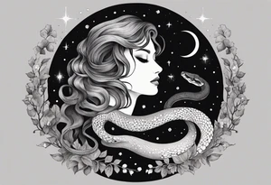 Snakes slithering around the moon phases with hades and Persephone constellations tattoo idea