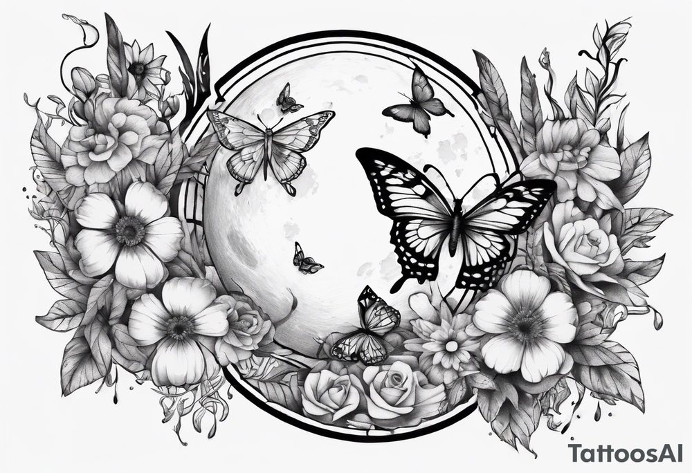 Thigh tattoo with floral and butterflies and moon. Show on thigh tattoo idea