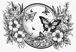 Thigh tattoo with floral and butterflies and moon. Show on thigh tattoo idea