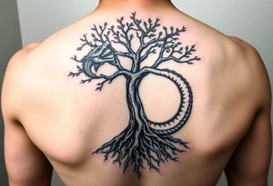 tree of life with roots absorbing a dragons tale while the dragon eats the top of the tree tattoo idea